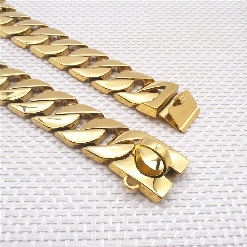 MY DOG CHAIN 18K Gold Color Heavy Cuban Link Classic Shrapnel Buckle 32mm Width Dog Chain Collar