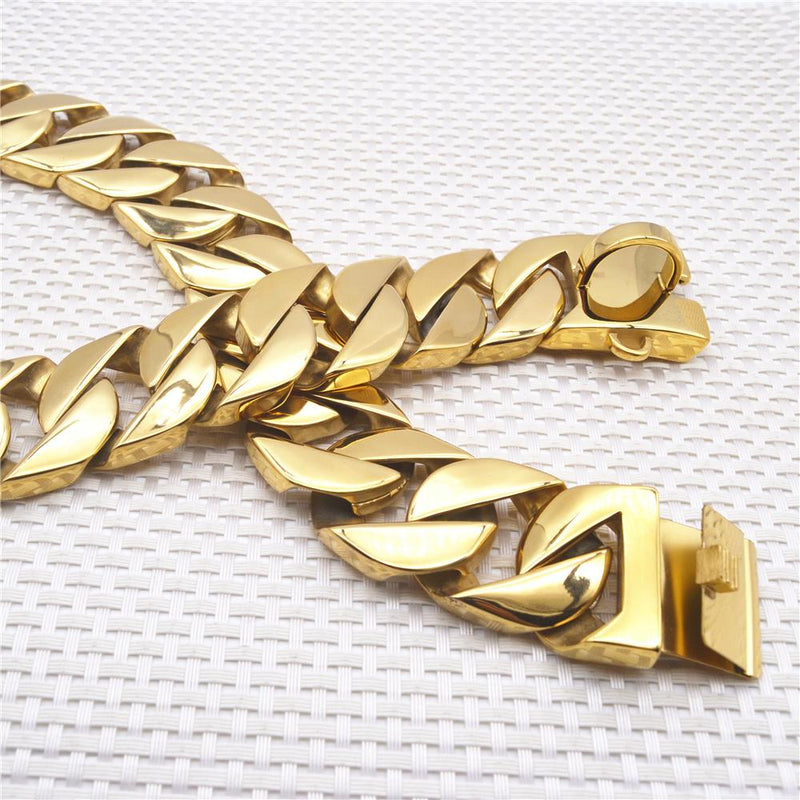 MY DOG CHAIN 18K Gold Color Heavy Cuban Link Classic Shrapnel Buckle 32mm Width Dog Chain Collar