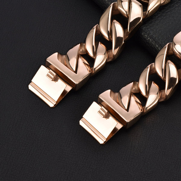 MY DOG CHAIN Rose Gold Color Heavy Cuban Link Classic Shrapnel Buckle 32mm Width Dog Chain Collar