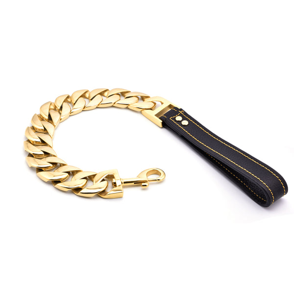 MY DOG CHAIN 18K Gold Plated Smooth Polished Heavy Cuban Link Carabiner Buckle 32mm Width Big Dog Leash