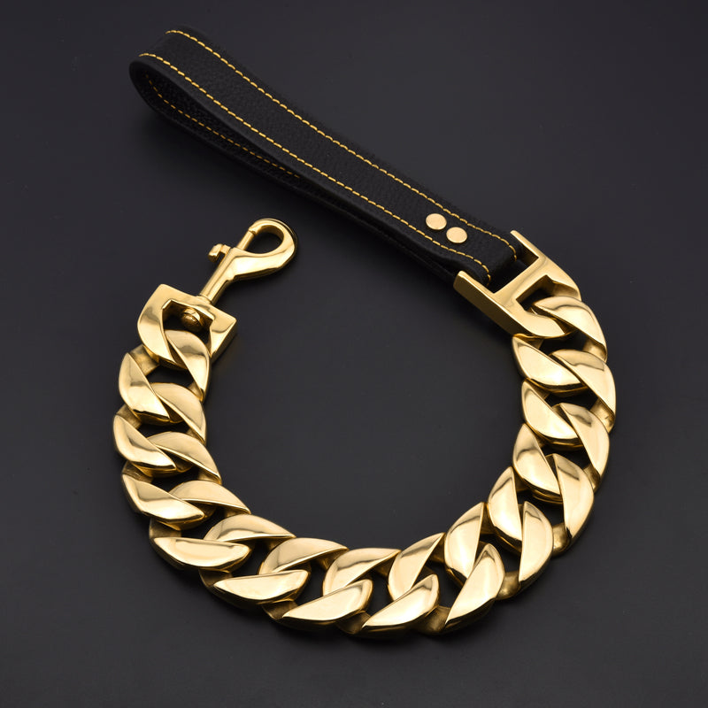 MY DOG CHAIN 18K Gold Plated Smooth Polished Heavy Cuban Link Carabiner Buckle 32mm Width Big Dog Leash