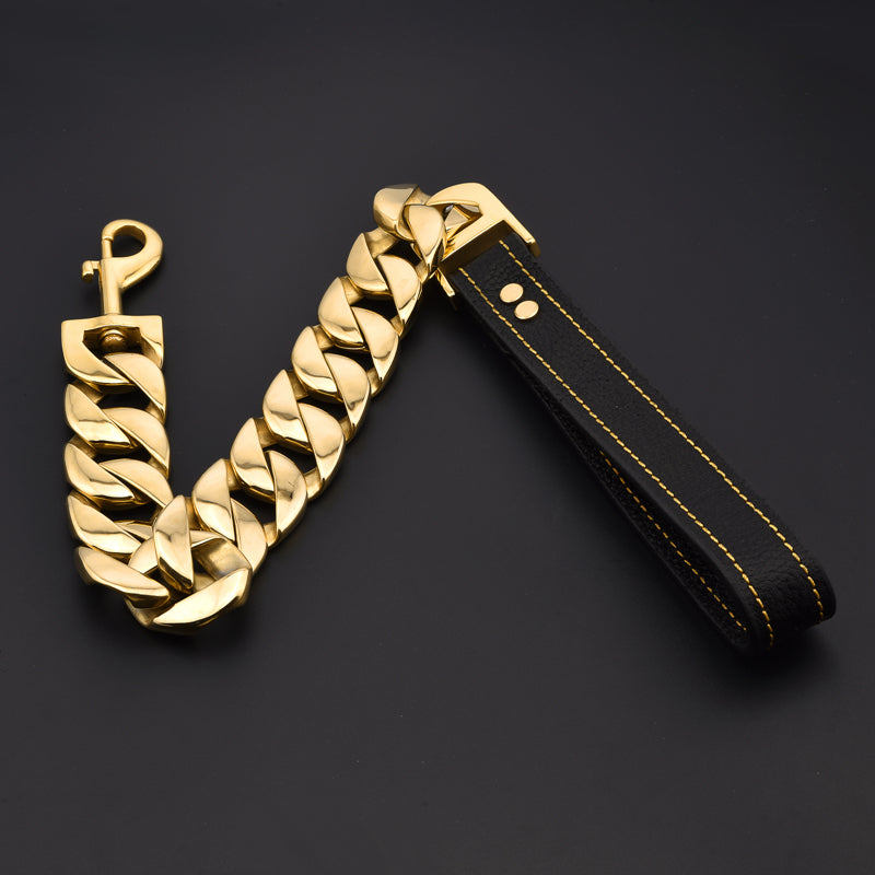 MY DOG CHAIN 18K Gold Plated Smooth Polished Heavy Cuban Link Carabiner Buckle 32mm Width Big Dog Leash